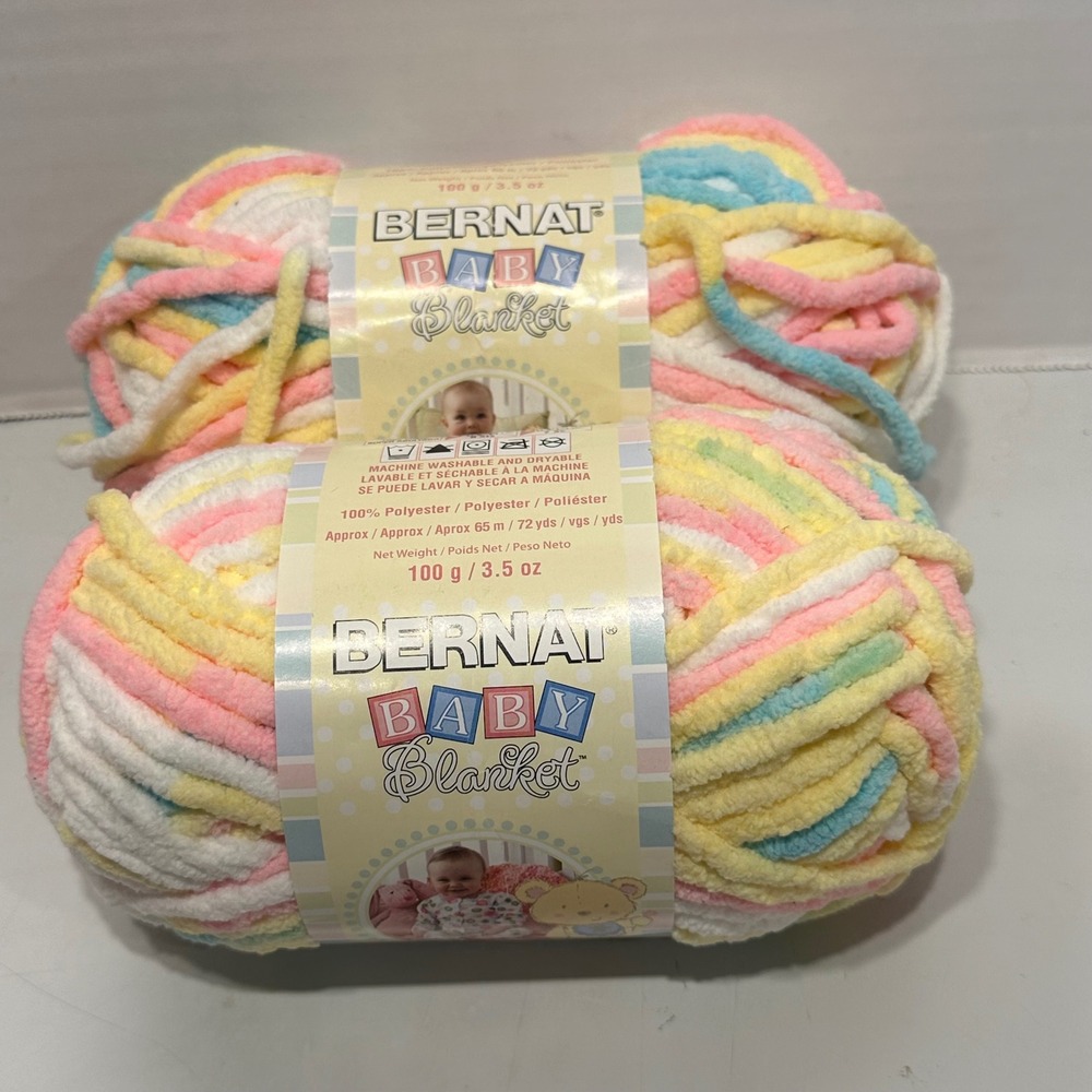 Bernat Baby Blanket Yarn Pitter Patter Pink Yellow Blue White 3.5oz 2 Skeins